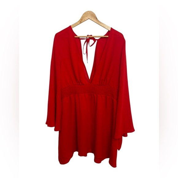 Cacique Swim Red Sheer Chiffon Tie Back Swim Dress Cover Up w/Pockets Sz 22/24 - Picture 2 of 9